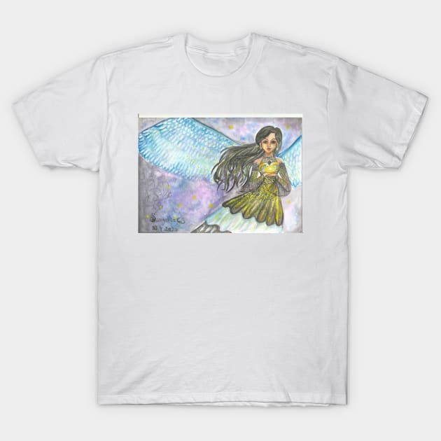 Fairy of stars - A magical fairy with feathers illustration  inspired by the night sky T-Shirt by Sangeetacs